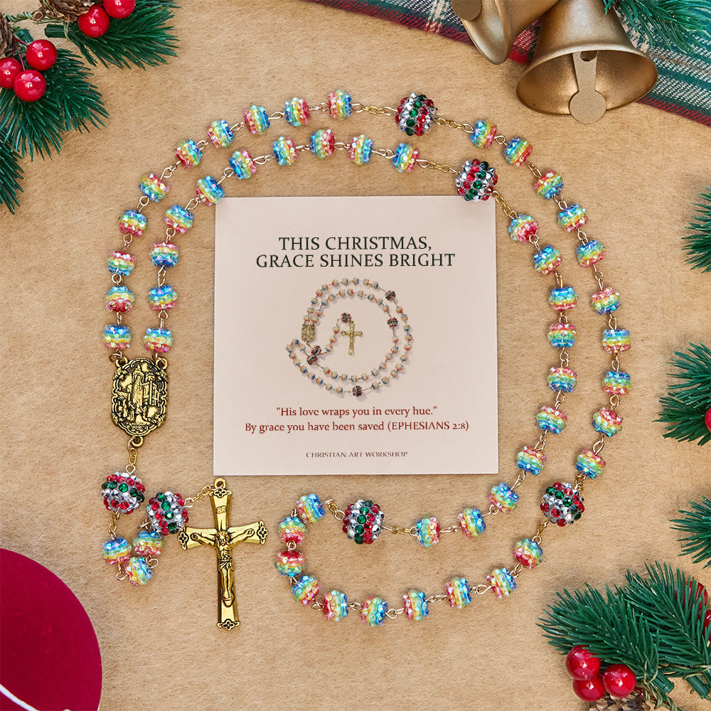 Christianartworkshop Christmas Gift: Christmas Rainbow Beads Rosary with Golden Cross: Devotion & Vibrant Faith - THIS CHRISTMAS GRACE SHINES BRIGHT - image 0