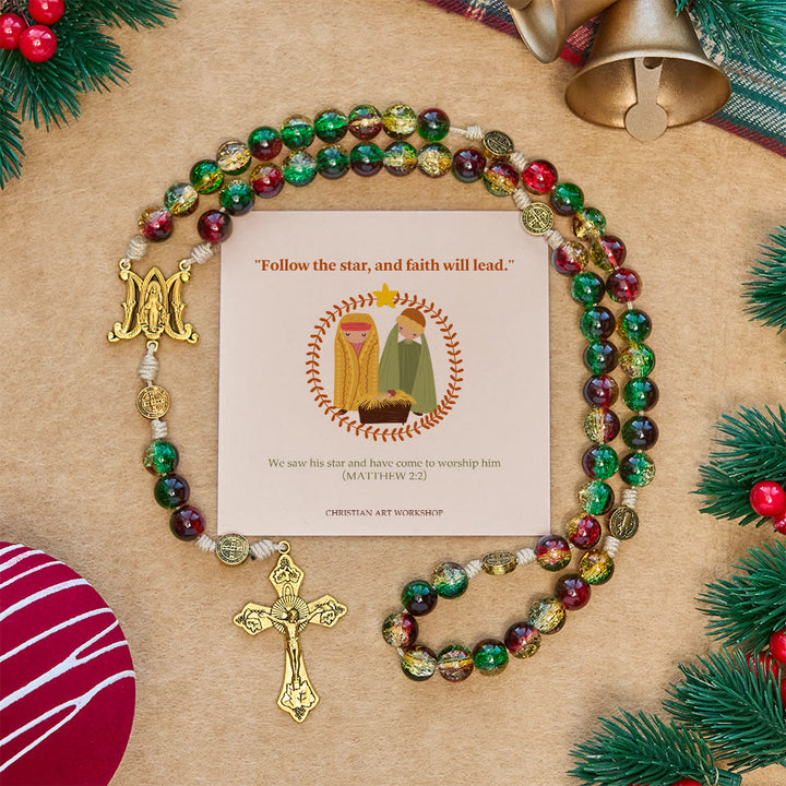Christianartworkshop Christmas Gift: Christmas Glass Rosary with Cross: Faithful Celebration & Festive Luster - MATTHEW 2:2 - image 0