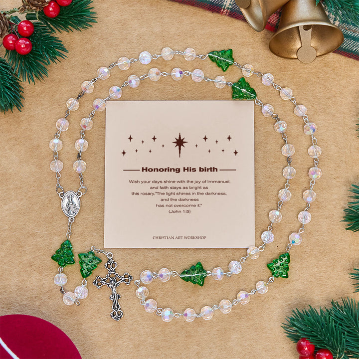 Christianartworkshop Christmas Gift: Festive Faith Rosary: Iridescent Translucent Beads & Christmas Tree Accents - Honoring His Birth - image 0