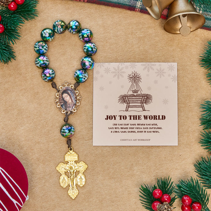 Christianartworkshop Christmas Gift: Christmas Devotion Red Green Holiday Beads Pocket Rosary: Pray anywhere, anytime - Joy To The World - Green - image 2