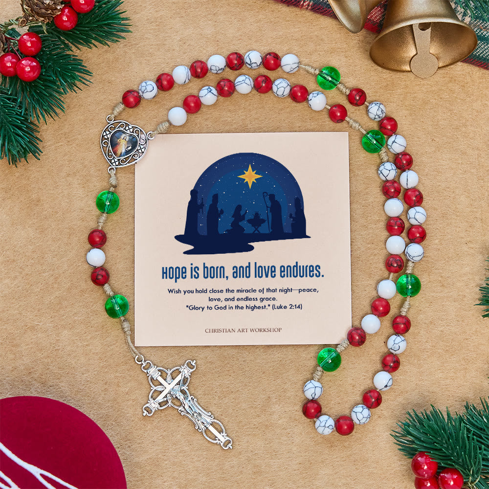 Christianartworkshop Christmas Gift: Candy-Cane Color Beads Christmas Rosary with Divine Mercy & Our Lady: Celebrate the Nativity - Hope is born - image 0