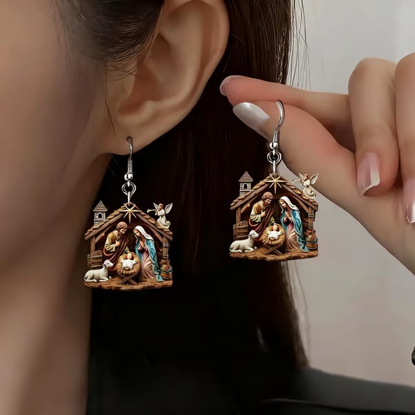 Christianartworkshop Holy Night Nativity Scene Acrylic Earrings: Gentle Faith for Daily Wear - Nativity - image 0