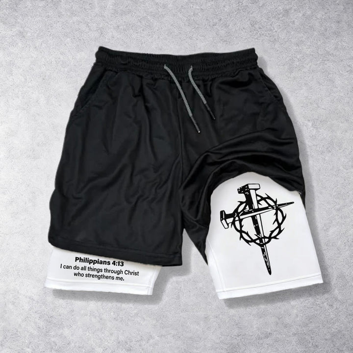 Christianartworkshop Philippians 4:13 Faith Performance Shorts with Nail & Crown Cross - 3XL - image 0