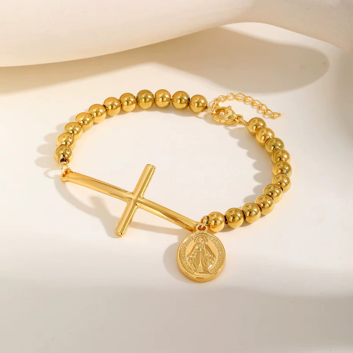FREE Today: Cross & Saint Medal Beaded Bracelet: Spiritual Symbol with Polished Elegance - Golden - image 3