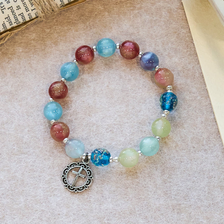FREE Today: UV-Changing Glitter Bead Bracelet with Ornate Cross: Shimmer in Faithful Hues - Wrist Circumference: 7.87''/20cm(adjustable) - image 0