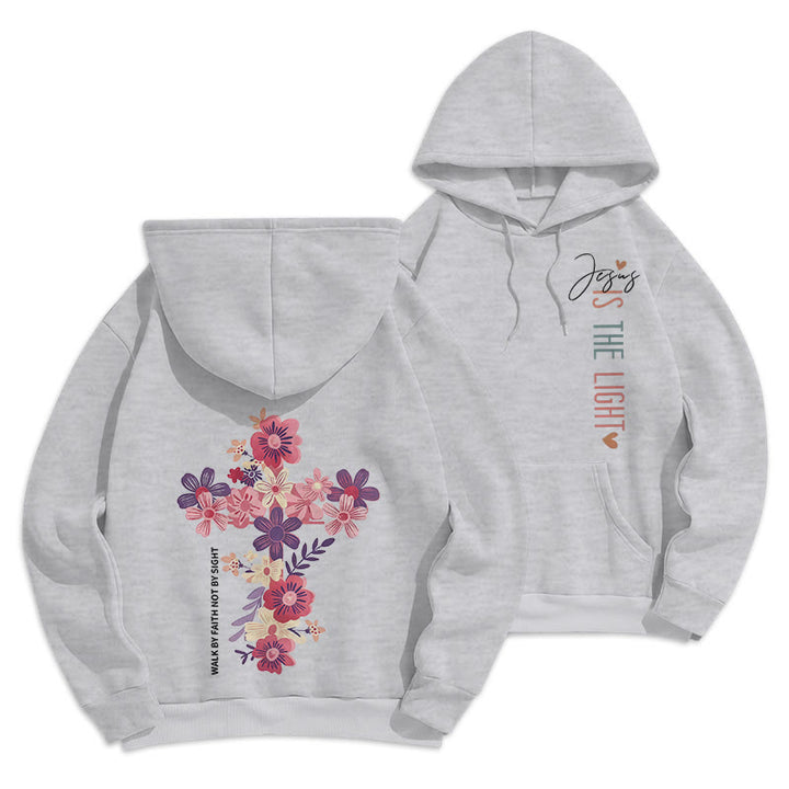 Christianartworkshop Jesus is the Light Floral Cross Faith Fleece Lined Polyester Hoodie - Grey - 2XL - image 13