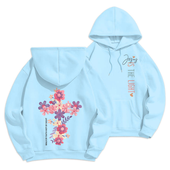 Christianartworkshop Jesus is the Light Floral Cross Faith Fleece Lined Polyester Hoodie - Blue - 2XL - image 7