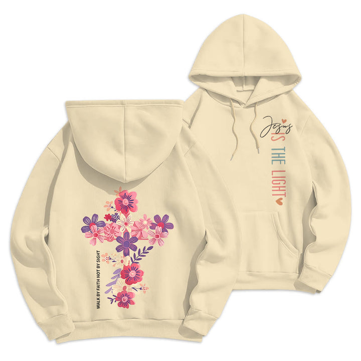 Christianartworkshop Jesus is the Light Floral Cross Faith Fleece Lined Polyester Hoodie - Beige - 2XL - image 10