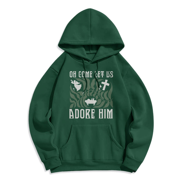 Christianartworkshop Oh Come Let Us Adore Him Christmas Tree Faith Fleece Lined Polyester Hoodie - Green - 2XL - image 0