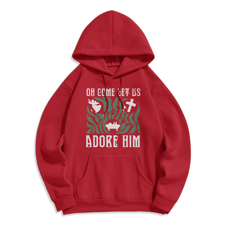 Christianartworkshop Oh Come Let Us Adore Him Christmas Tree Faith Fleece Lined Polyester Hoodie - Red - 2XL - image 2