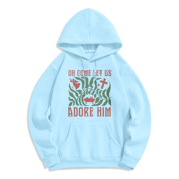 Christianartworkshop Oh Come Let Us Adore Him Christmas Tree Faith Fleece Lined Polyester Hoodie - Blue - 2XL - image 3