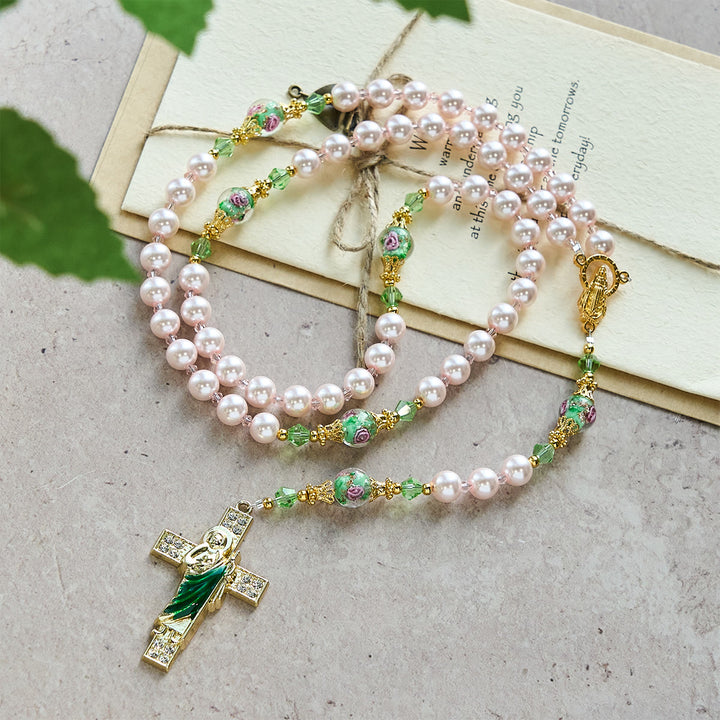 Christianartworkshop Heavenly Pink Beads St. Jude Devotion Rosary with Floral Beads of Sacred Grace - Our Lady & St. Jude - image 0