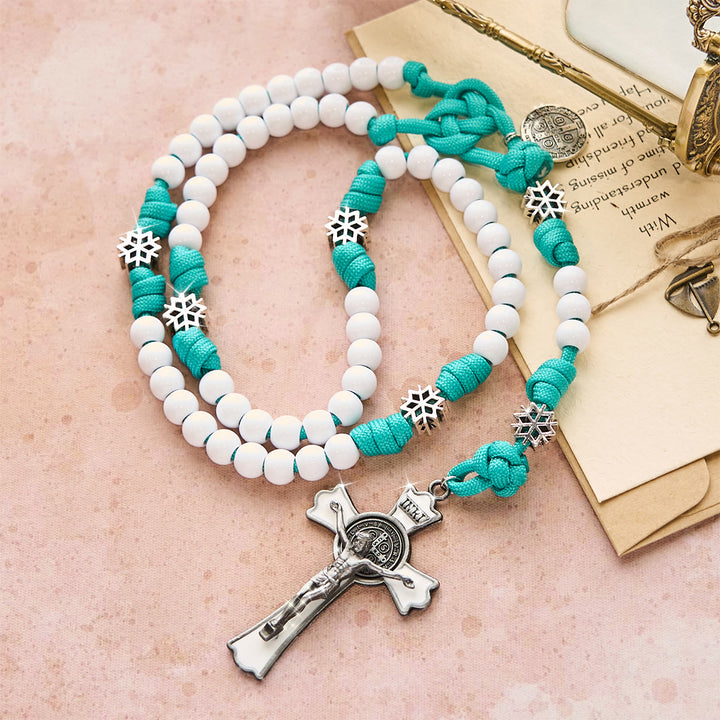 Christianartworkshop Winter White Bead Paracord Rosary: Snowflakes Accents & Sacred Christ Crucifix - image 4