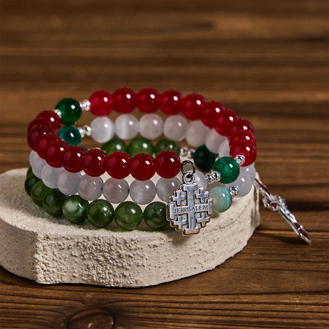 Christianartworkshop Christmas Jade Agate Rosary Bracelet: Faith & Festive Devotion - Wrist Circumference: 7.09"-9.45"/18-24cm - image 0