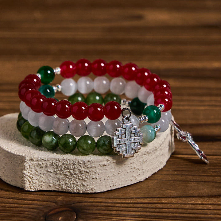 Christianartworkshop Christmas Jade Agate Rosary Bracelet: Faith & Festive Devotion - Wrist Circumference: 7.09"-9.45"/18-24cm - image 0