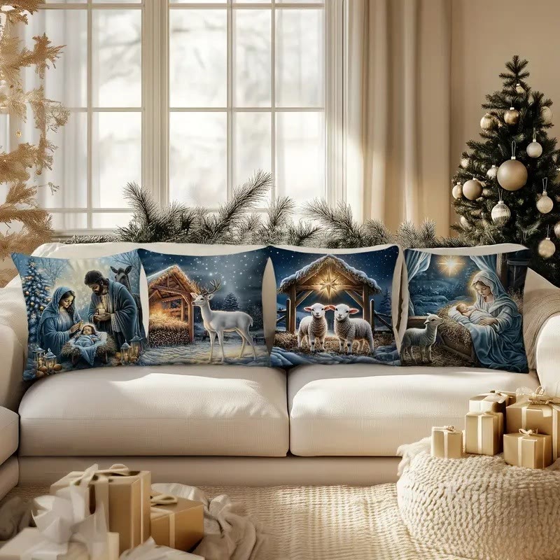 Christianartworkshop Soft Snowy Nativity Pillow: Portable Reminder of Gentle Grace - A - 15.7''*15.7''/40*40cm - image 0