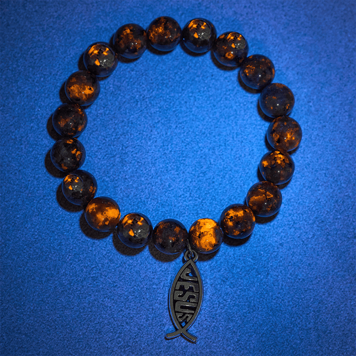 Christianartworkshop Glowing Flame-Stone Color-Shifting Bracelet with Ichthus Pendant - Wrist Circumference: 11.4"/29cm - image 0