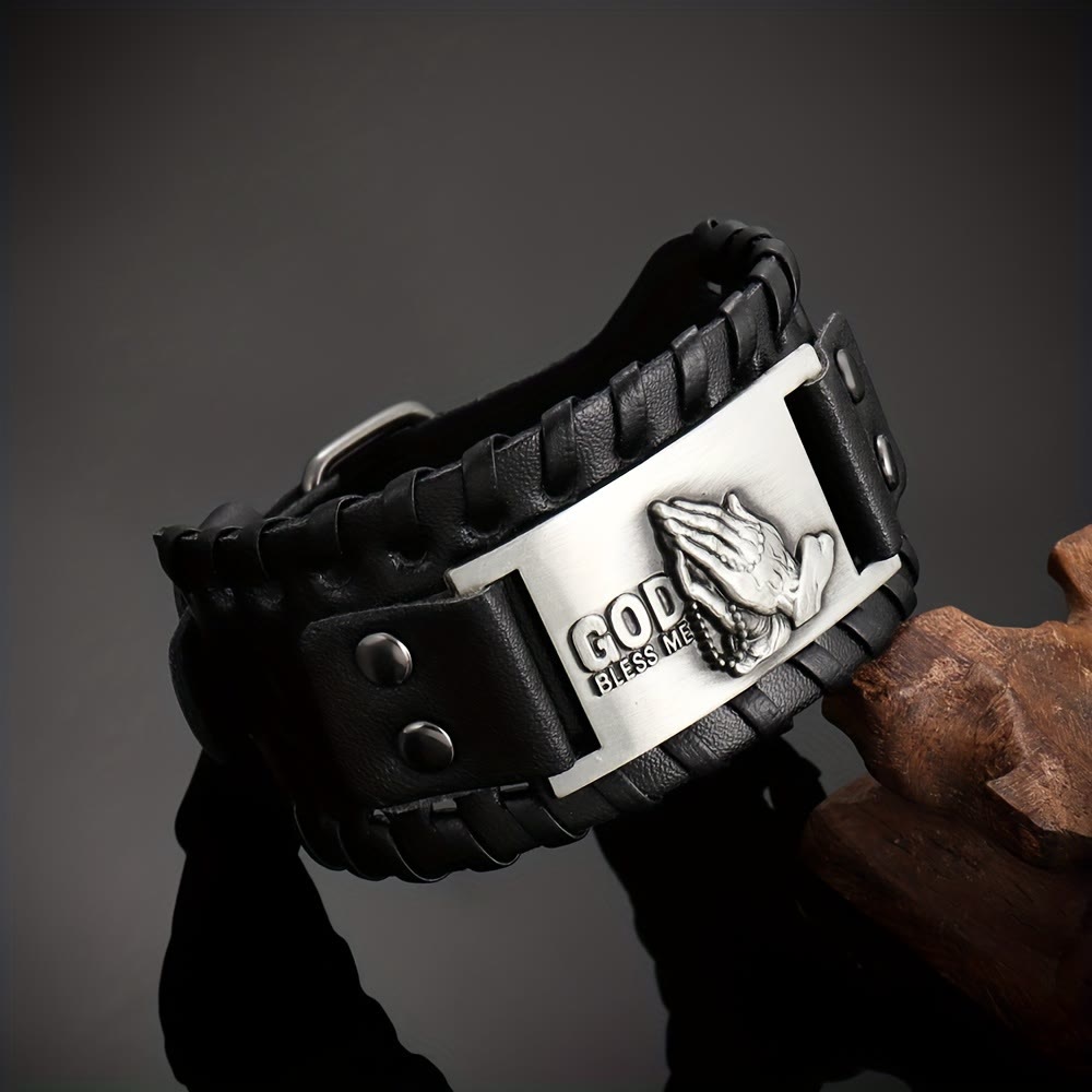 Christianartworkshop Praying-Hands Leather Bracelet: Bold Badge of Blessing - Silver - image 1