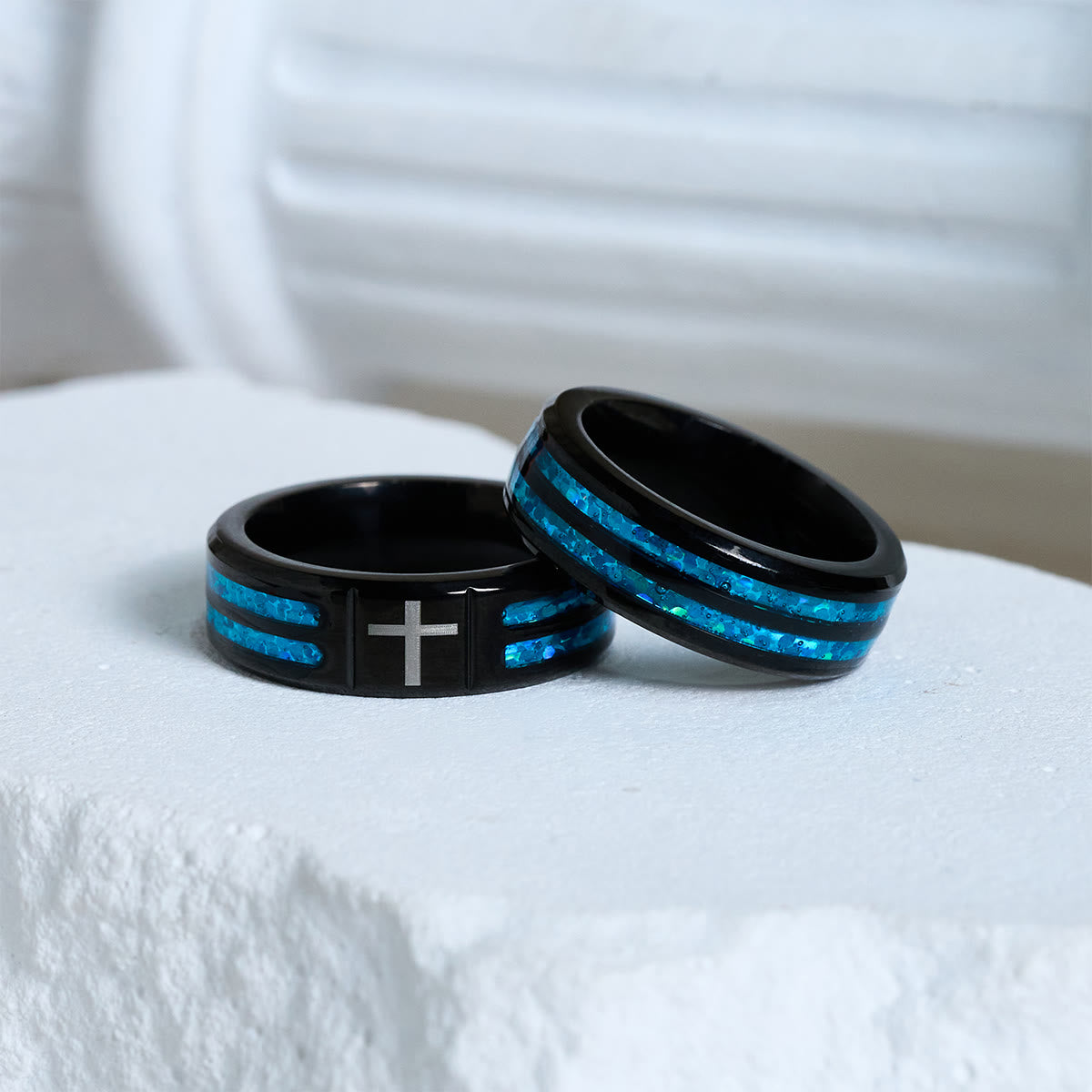 Modern Titanium Steel Cross Ring with Laser Blue Inlay - Bold