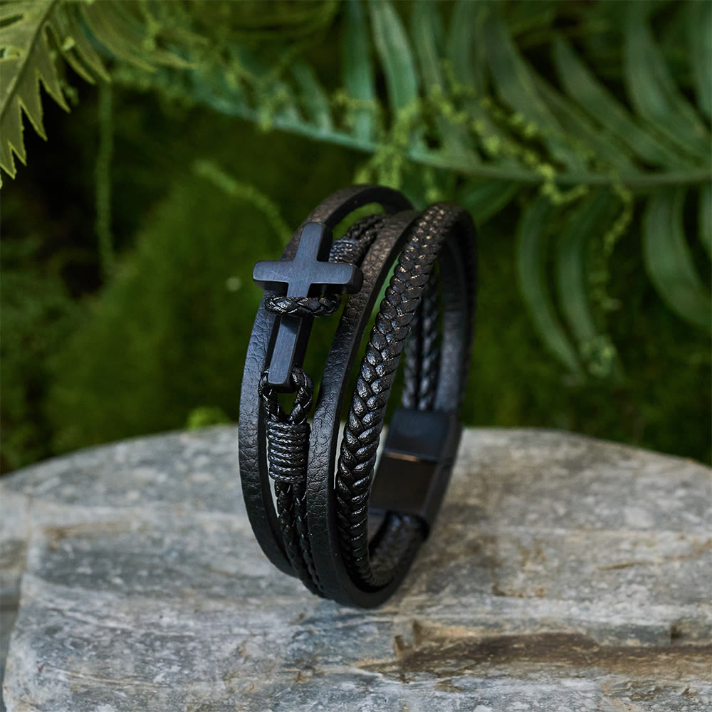 Christianartworkshop Tri - Color Stainless Steel Cross & Braided Leather Fashion Bracelet - image 2