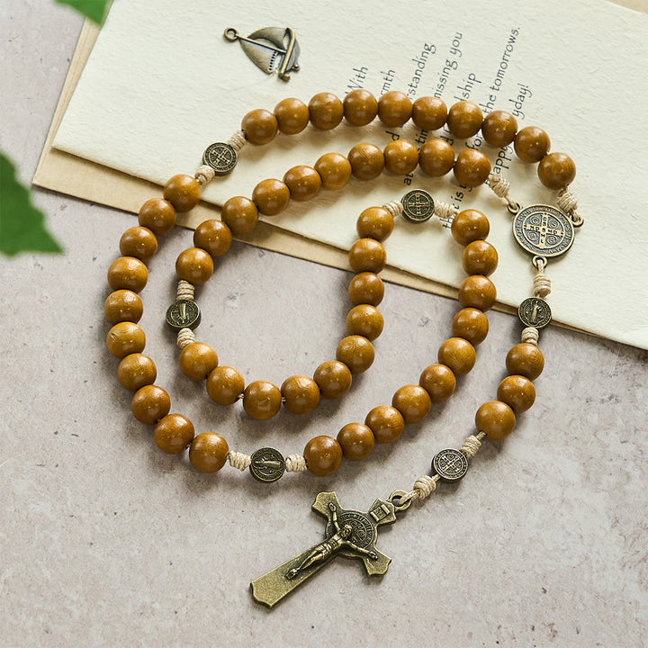 Christianartworkshop Blessed St. Benedict Guardian Rosary: Peach Wood Beads & Holy Crucifix - Crucifix & St. Benedict - image 0
