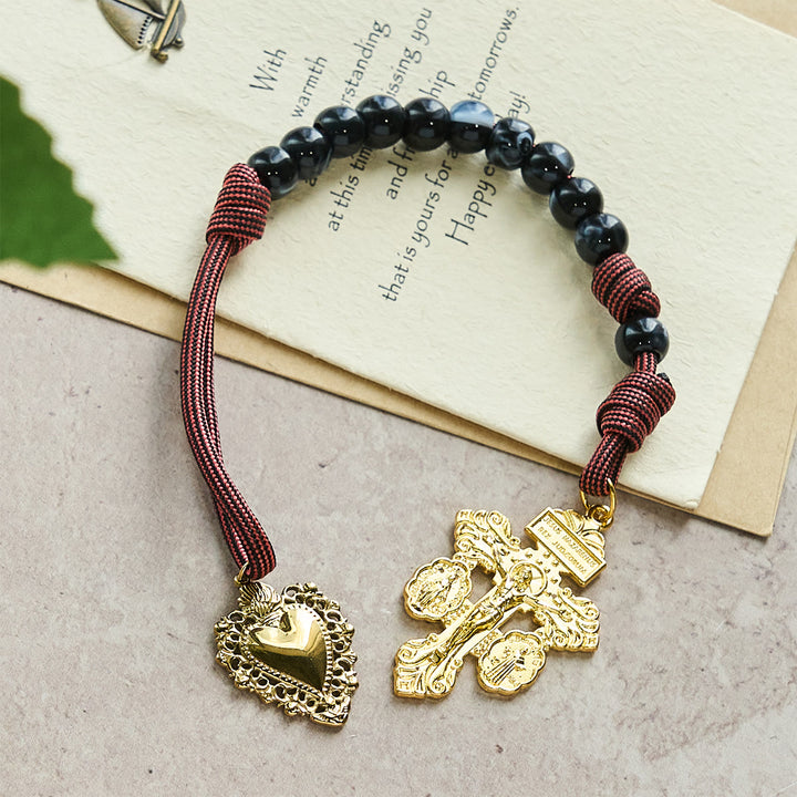 Christianartworkshop Portable Faith Pocket Rosary: Black Beads, Woven Cord & Sacred Gilded Charm - image 4