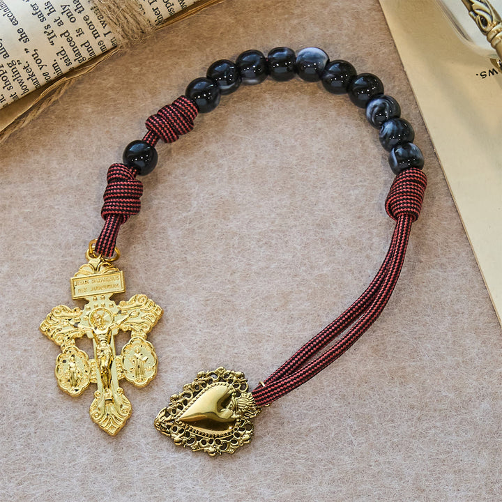 Christianartworkshop Portable Faith Pocket Rosary: Black Beads, Woven Cord & Sacred Gilded Charm - image 6