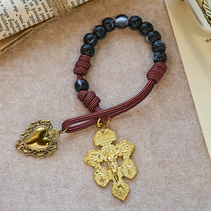 Christianartworkshop Portable Faith Pocket Rosary: Black Beads, Woven Cord & Sacred Gilded Charm - Pocket Rosary - image 0