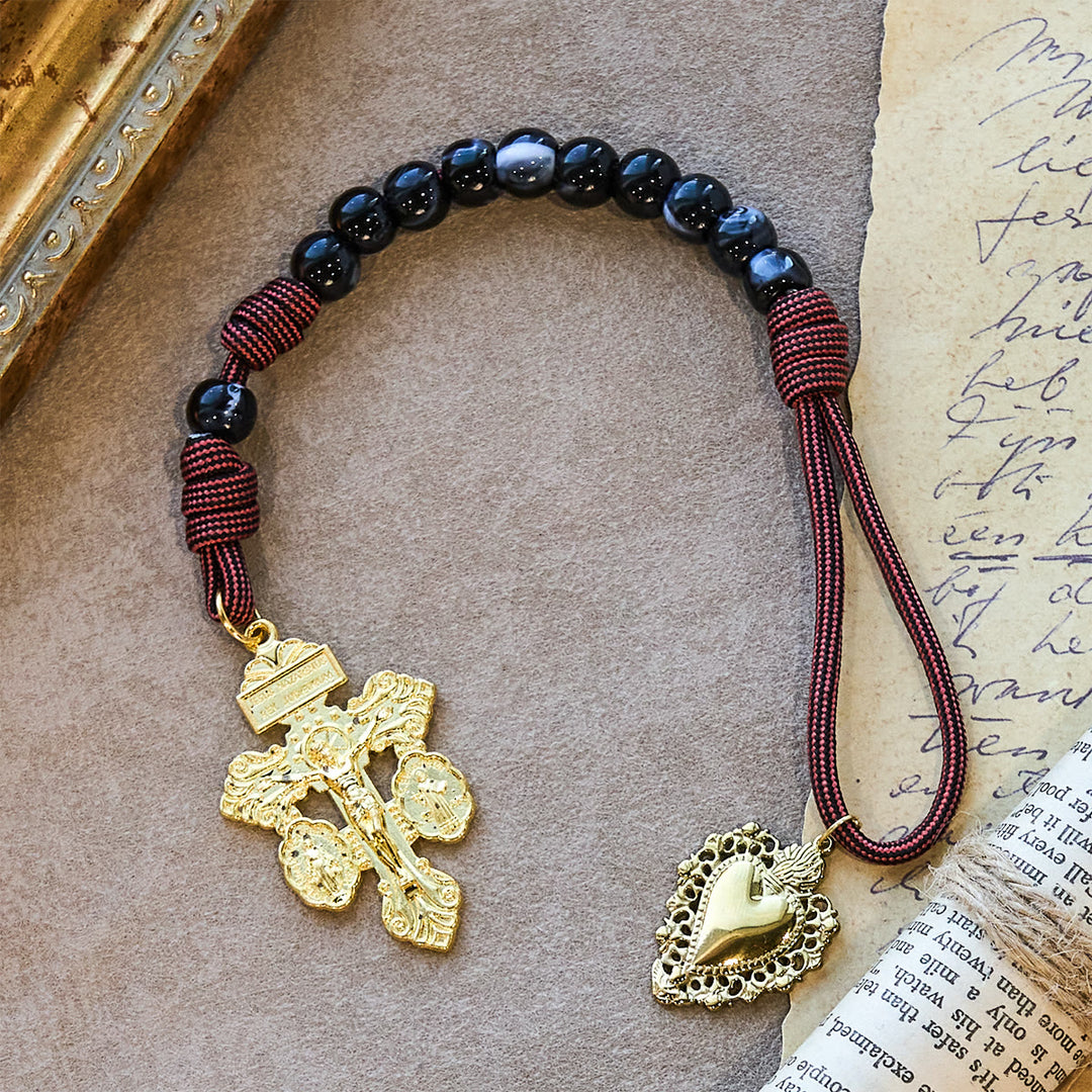 Christianartworkshop Portable Faith Pocket Rosary: Black Beads, Woven Cord & Sacred Gilded Charm - image 7
