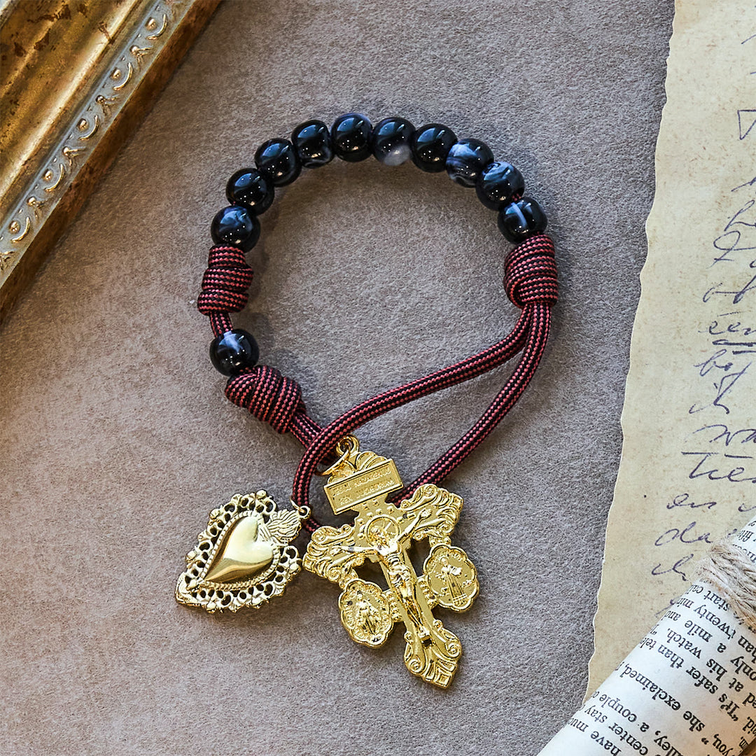 Christianartworkshop Portable Faith Pocket Rosary: Black Beads, Woven Cord & Sacred Gilded Charm - image 3