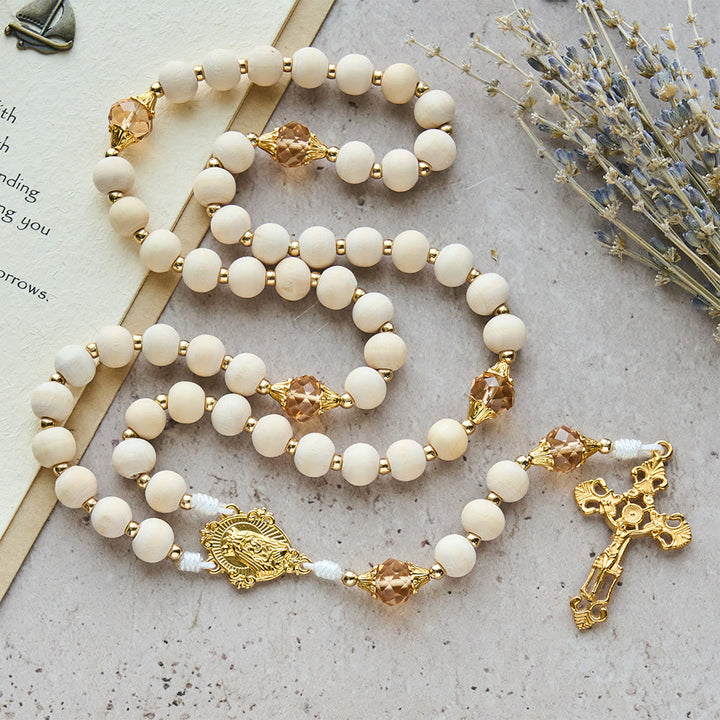 FREE Today: White Wood Bead Rosary with Champagne-Tone Accent: Faith & Calm Reminder for Quiet Moments - image 2