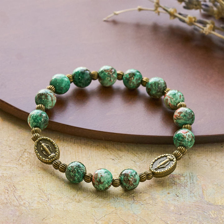 Christianartworkshop Vintage Red Green Glass Bracelet with Miraculous Medal: Faith & Grace Reminder for Daily Wear - image 5