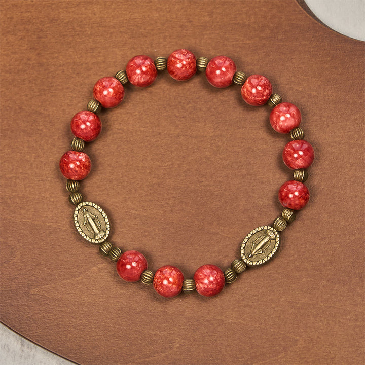 FREE Today: Vintage Red Green Glass Bracelet with Miraculous Medal: Faith & Grace Reminder for Daily Wear - Red - image 9
