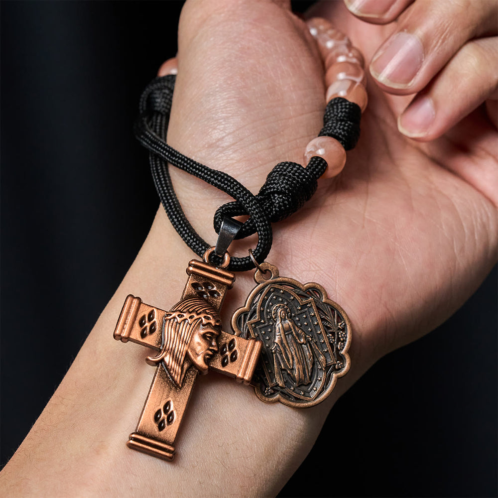 Christianartworkshop Compact Holy Pocket Rosary: Pink Beads, Paracord Loop & Vintage Copper Cross - image 1