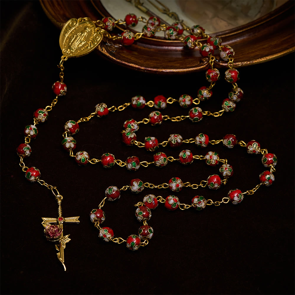 Christianartworkshop Vintage Enamel Devotion Rosary: Red-Green Beads & Golden Our Lady Heart Charm - Enamel Devotion Rosary - image 0