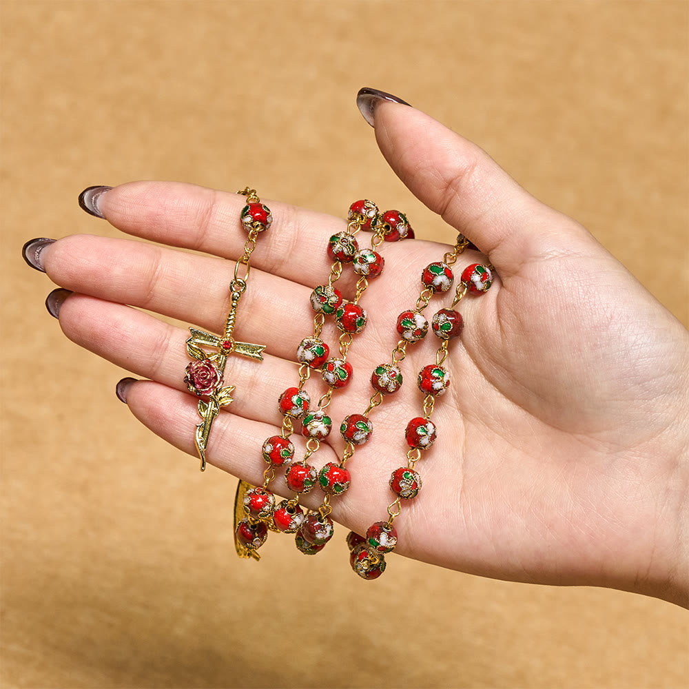 Christianartworkshop Vintage Enamel Devotion Rosary: Red-Green Beads & Golden Our Lady Heart Charm - image 1