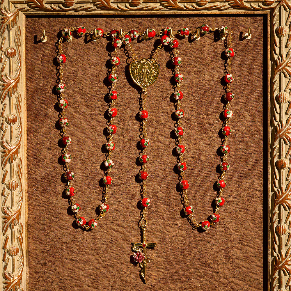 Christianartworkshop Vintage Enamel Devotion Rosary: Red-Green Beads & Golden Our Lady Heart Charm - Enamel Devotion Rosary - image 0