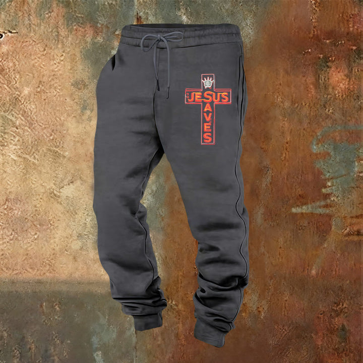 Christianartworkshop Cross & "Jesus Saves" Sweatpants: Daily Wear Tied to His Promise - Warm Grey - 2XL - image 17