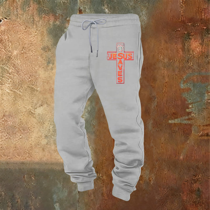 Christianartworkshop Cross & "Jesus Saves" Sweatpants: Daily Wear Tied to His Promise - Light Grey - 2XL - image 9