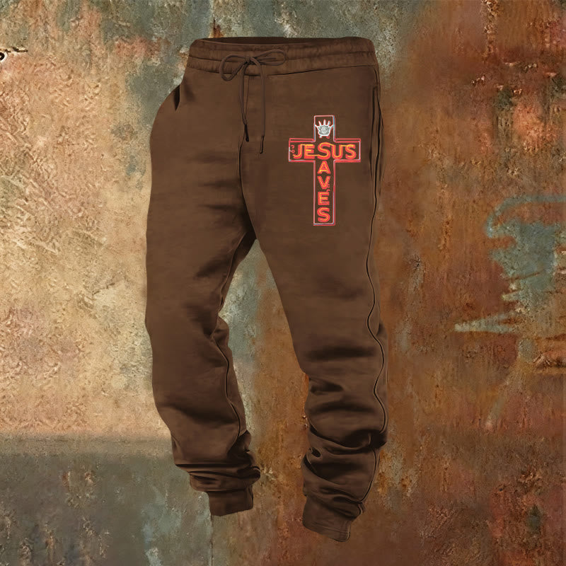 Christianartworkshop Cross & "Jesus Saves" Sweatpants: Daily Wear Tied to His Promise - Brown - 2XL - image 13