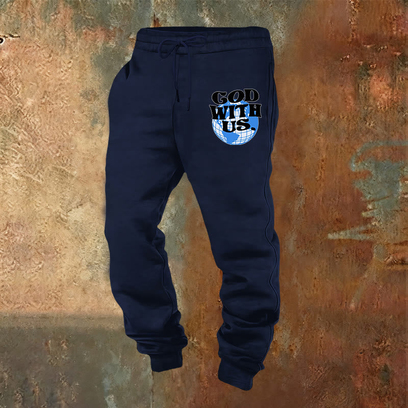 Christianartworkshop Globe & God With Us Sweatpants: Cozy Reminders of His Nearness - Navy Blue - 2XL - image 9