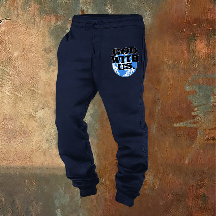 Christianartworkshop Globe & God With Us Sweatpants: Cozy Reminders of His Nearness - Navy Blue - 2XL - image 8