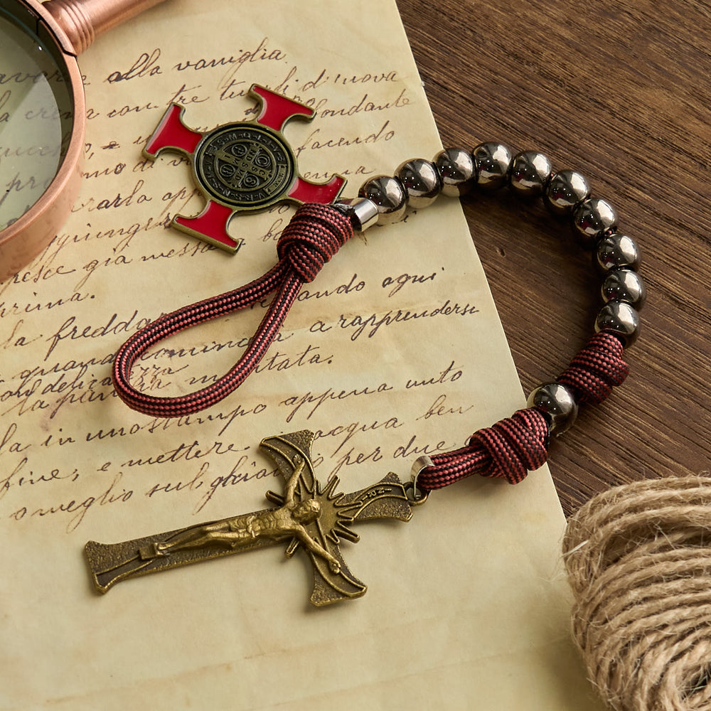 Christianartworkshop PRAYERFUL FAITH: All-Place Portable Paracord Pocket Rosary with Crucifix & St. Benedict - image 1