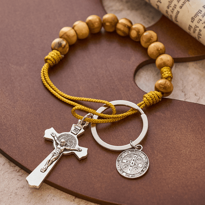 Christianartworkshop Crucifix & St. Benedict Medal Wood Pocket Rosary: Soft Prompt of Peace - Yellow Rope - image 7
