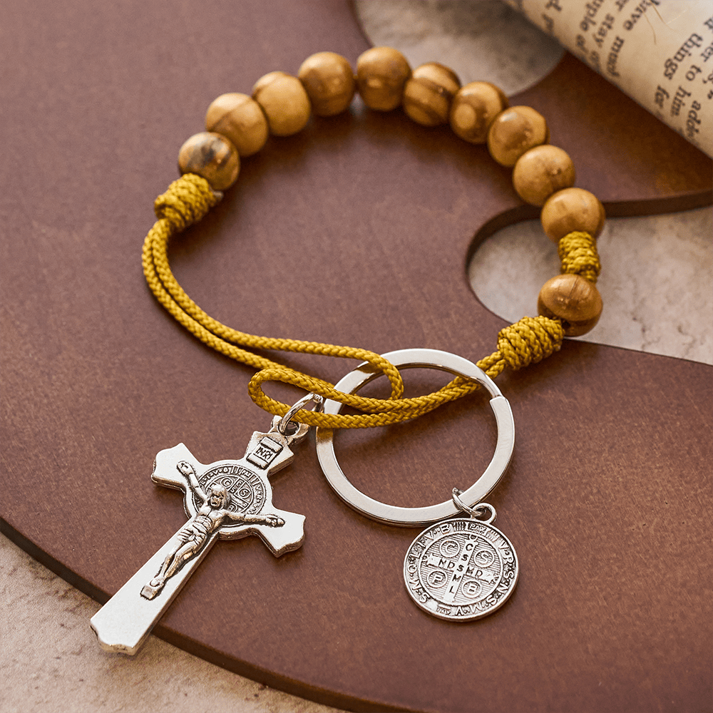Christianartworkshop Crucifix & St. Benedict Medal Wood Pocket Rosary: Soft Prompt of Peace - Yellow Rope - image 7