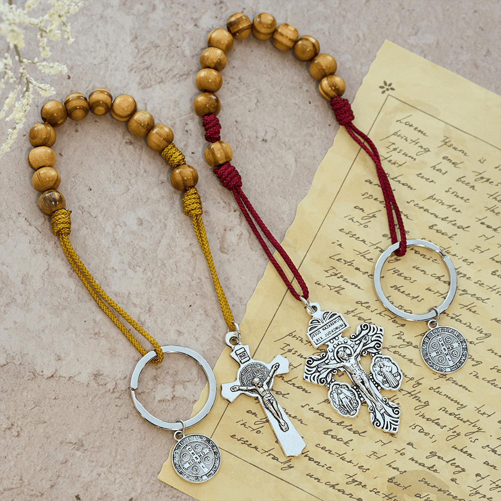 Christianartworkshop Crucifix & St. Benedict Medal Wood Pocket Rosary: Soft Prompt of Peace - image 1