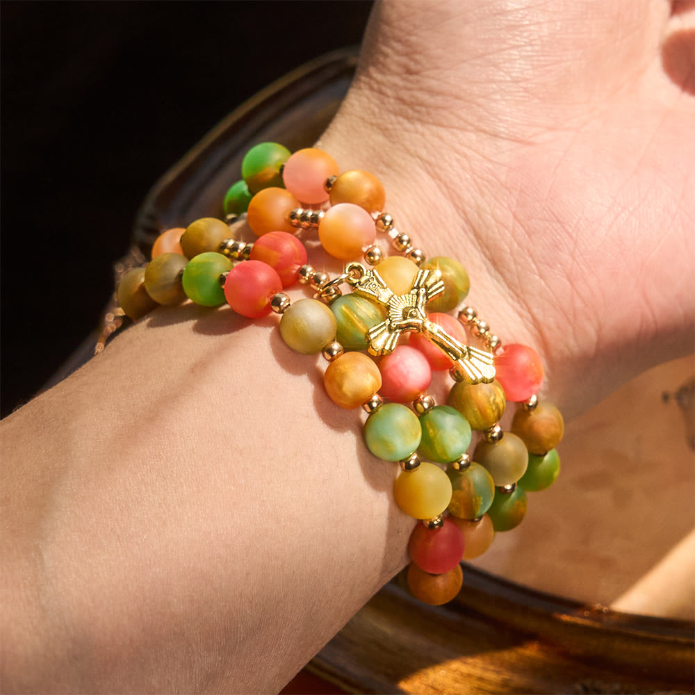 Christianartworkshop Rainbow Glow Vibrant Faith Rosary Bracelet: Colorful Beads & Sacred Golden Our Lady - image 1
