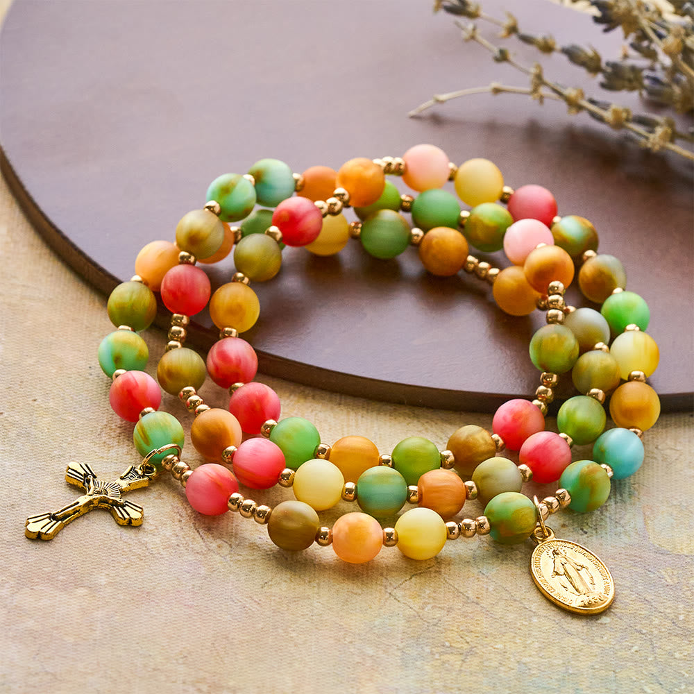FREE Today: Rainbow Glow Vibrant Faith Rosary Bracelet: Colorful Beads & Sacred Golden Our Lady - Our Lady & Crucifix - image 0