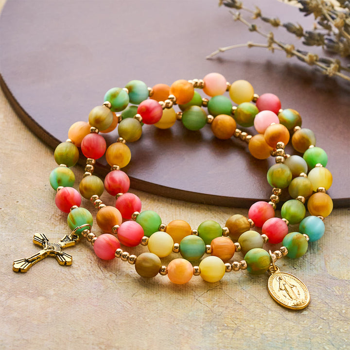 FREE Today: Rainbow Glow Vibrant Faith Rosary Bracelet: Colorful Beads & Sacred Golden Our Lady - Our Lady & Crucifix - image 0