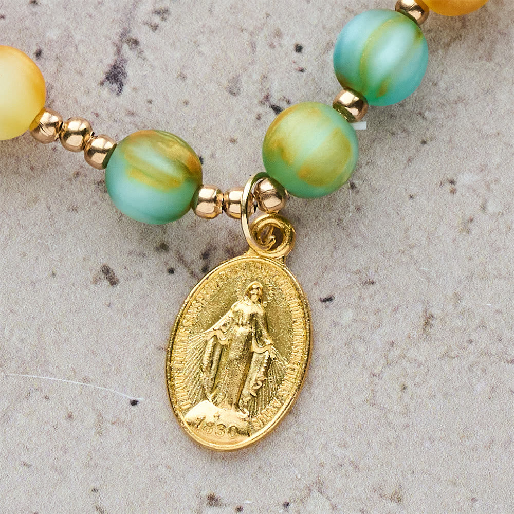 Christianartworkshop Rainbow Glow Vibrant Faith Rosary Bracelet: Colorful Beads & Sacred Golden Our Lady - image 5